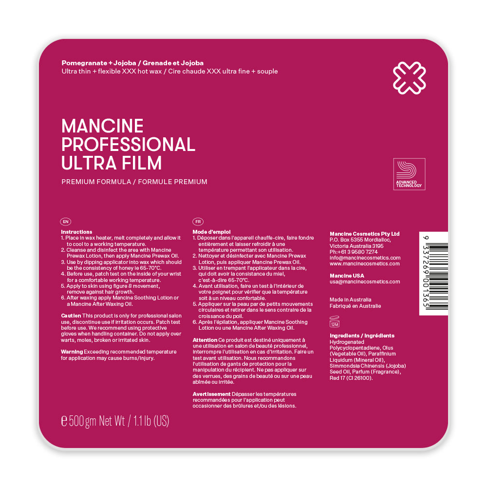 Mancine Professional Ultra Film™ Hot Wax / Pomegranate + Jojoba 500g